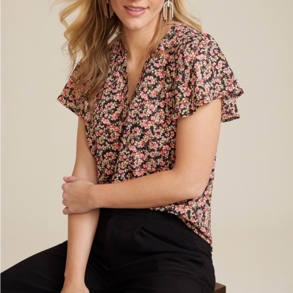 Maurices Floral Flutter Sleeve Blouse - Black and Pink